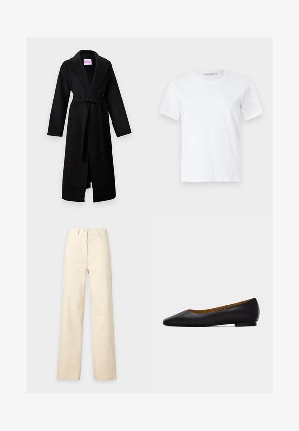 Manteau en laine noire avec col châle, manches longues, ceinture à nouer à la taille et poches latérales. Présente un design minimaliste et une texture lisse.; T-shirt blanc uni à manches courtes et col rond, posé à plat sur un fond clair, vue de face avec une petite étiquette de marque visible à l'intérieur du col.; Pantalon beige à jambes droites avec fermeture à bouton et zip devant, passants de ceinture et poches avant, présenté sur un fond uni.; Chaussure plate en cuir noir à bout pointu avec talon bas et finition lisse, vue de côté sur un fond gris clair.