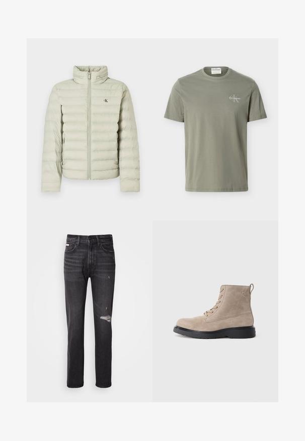 Doudoune gris clair avec col montant, coutures horizontales, fermeture éclair devant, et petit logo sur la poitrine.; T-shirt vert olive clair à manches courtes avec col rond et petit logo blanc Calvin Klein sur le côté gauche de la poitrine.; Jean en denim noir avec une coupe droite, des détails déchirés au niveau des genoux, un style à cinq poches et une finition légèrement délavée.; Bottines en daim beige avec semelle en caoutchouc noir, design à lacets, et un petit logo embossé sur le côté, avec une languette à l'arrière.
