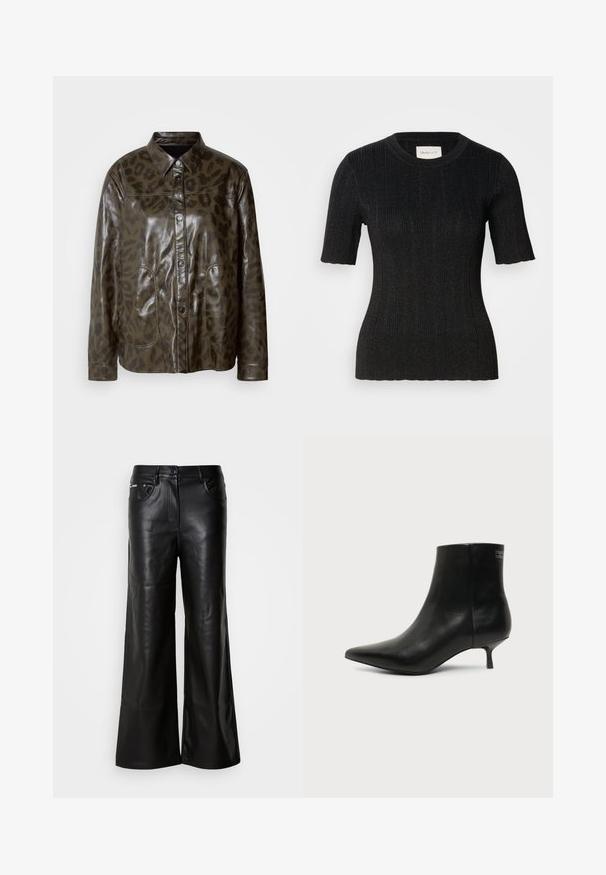 Veste en cuir vert foncé avec finition brillante, fermeture à boutons, col pointu et motif léopard marron. Comprend deux poches avant.; Haut noir à manches courtes en rib avec un tissu texturé à légère brillance. Présente un col rond et une silhouette ajustée. Étiquette GANT visible.; Pantalons larges en cuir noir à la texture lisse, avec une fermeture à bouton devant, deux poches latérales et des détails de couture minimalistes.; Bottine en cuir noir avec bout pointu et petit talon kitten sur fond clair, vue côté extérieur.