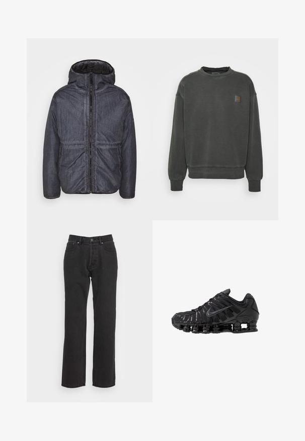 BDG Urban Outfitters ACID PADDED HOOD JACKET - Ελαφρύ μπουφάν - navy; Carhartt WIP NELSON - Φούτερ - black garment dyed; Μαύρα τζιν παντελόνια με σχέδιο ίσιας γραμμής, που διαθέτουν κουμπί μπροστά, βρόχους ζώνης και δύο πλαϊνές τσέπες. Υφασμάτινη επιφάνεια.; Μαύρα αθλητικά παπούτσια κατασκευασμένα από δίχτυ και συνθετικά υλικά, με χαρακτηριστικό κυματιστό σχέδιο, μαύρη λαστιχένια σόλα και αντανακλαστικές λεπτομέρειες.