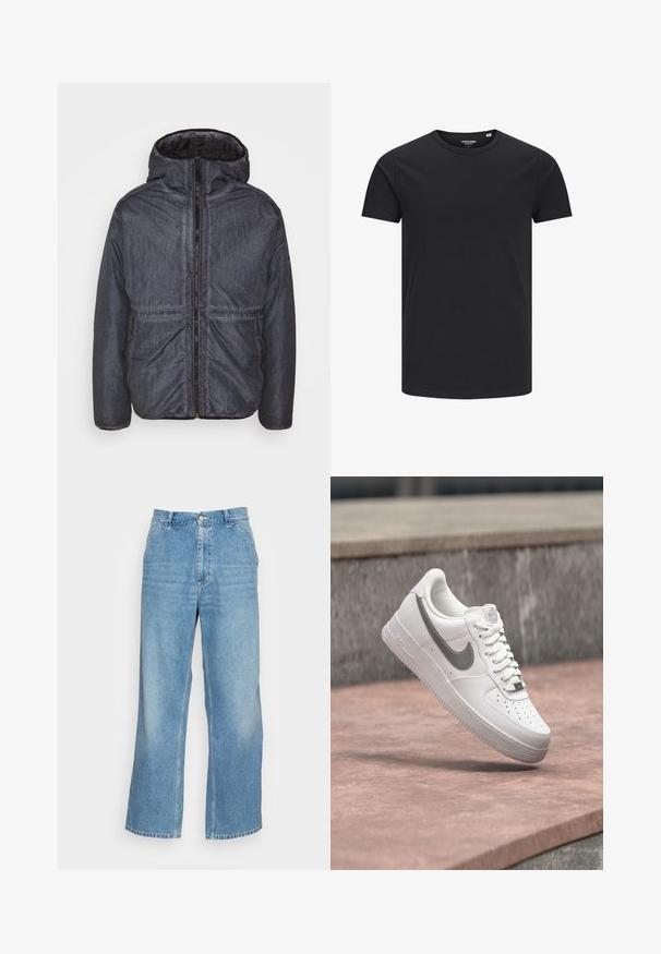 BDG Urban Outfitters ACID PADDED HOOD JACKET - Ελαφρύ μπουφάν - navy; Μαύρο βαμβακερό T-shirt με στρογγυλή λαιμόκοψη, κοντά μανίκια και απλό σχέδιο. Λείος υφή, χωρίς σχέδια ή ορατές μεταλλικές λεπτομέρειες.; Φωτεινά μπλε φαρδιά τζιν φτιαγμένα από τζιν ύφασμα. Έχουν ψηλή μέση, κλείσιμο με κουμπί και τυπικό σχέδιο πέντε τσεπών. Λείος υφασμάτινος χαρακτήρας.; Λευκό sneaker Nike Air Force 1 με γκρι λογότυπο swoosh να αιωρείται πάνω από μια πέτρινη επιφάνεια και φόντο από γκρι πέτρινο τοίχο.