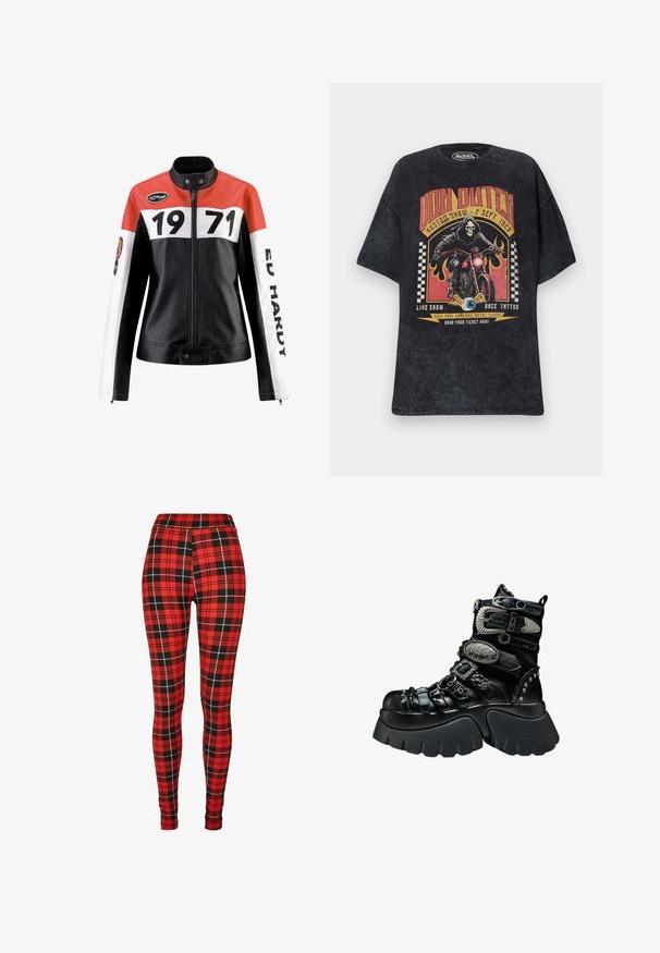 Læderjakke med en rød, hvid og sort farveskema; har fede sorte numre "1971" og teksten "ED HARDY" på ærmerne.; Sort Von Dutch T-shirt med grafik af et skelet, der kører på en motorcykel, flammer, ternede flag og arrangementsdetaljer i rød og gul.; Røde ternede leggings med et sort og hvidt firkantet mønster. Lavet af strækbart materiale med høj talje.; Sort platformstøvle med chunky sål, flere teksturerede remme, sølvspænder, dekorative metal accenter og nitte detaljer.