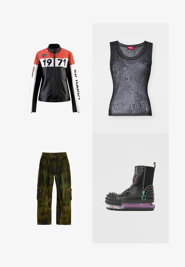 Læderjakke med en rød, hvid og sort farveskema; har fede sorte numre "1971" og teksten "ED HARDY" på ærmerne.; Sort mesh tanktop med rund halsudskæring og et mønster af små huller. Labeledet indeni siger "032c." Materialet virker let og tekstureret.; Cargo bukser i grønt og brunt camouflage-mønster med knapklædte sidelommer og forreste bæltestropper.; Sort læderstøvle med en kraftig sål, nitter, farverige lynlåse og en polstret tå. Den klare sål har dekorative elementer indeni.