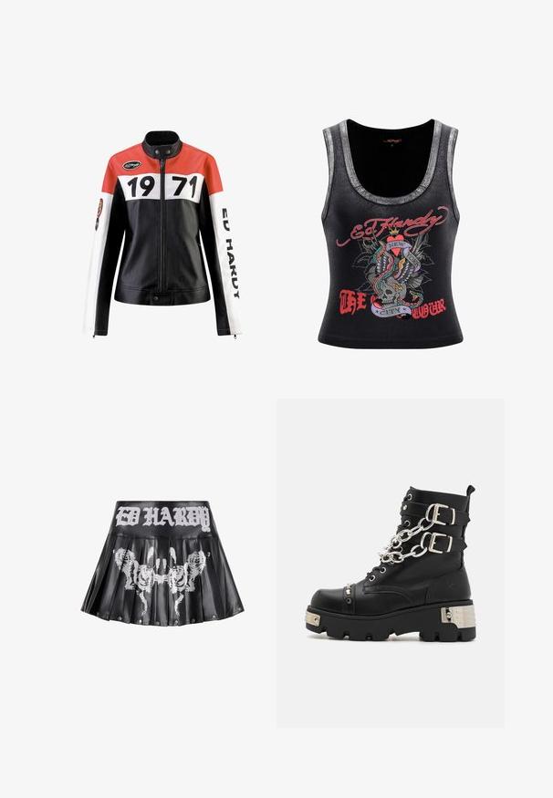 Chaqueta de cuero con una combinación de colores rojo, blanco y negro; presenta números negros en negrita "1971" y el texto "ED HARDY" en las mangas.; Camisa sin mangas negra con un escote acentuado en plata. Presenta un gráfico colorido de una calavera con serpientes y alas, con el texto "Ed Hardy New York."; Falda negra plisada con acabado brillante, que presenta un logotipo blanco de "ED HARDY" y gráficos de tigre en el centro. Detalles de botones de metal en el dobladillo.; Koi Footwear SHACKLED SHADOWS HEAVY DUTY CHAIN - Botines camperos - black