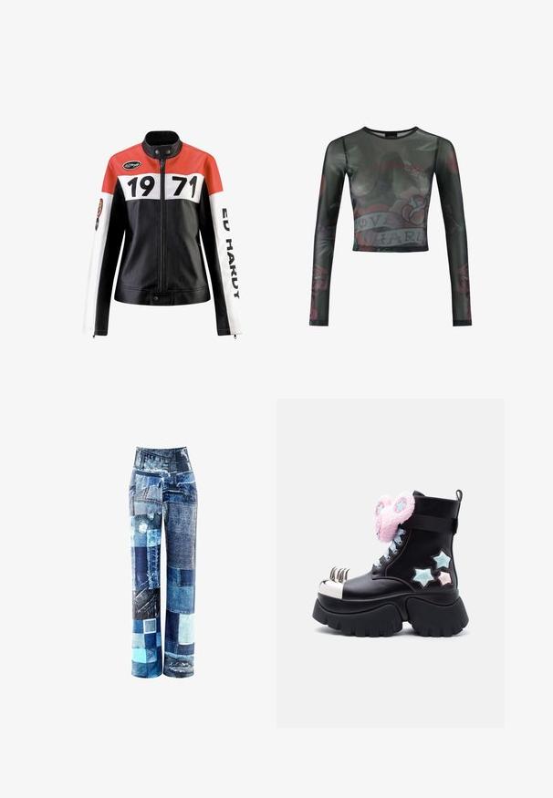 Læderjakke med en rød, hvid og sort farveskema; har fede sorte numre "1971" og teksten "ED HARDY" på ærmerne.; Sort mesh cropped langærmet top med farverige rose mønstre og et centralt banner med teksten "LOVE HARD", glat tekstur.; Patchwork jeans med højtaljet talje, der har forskellige nuancer af blå, slidte lapper og en blanding af teksturer i en vid benstil.; Sort platformstøvle med sølvfarvet klo-tå, lyserøde bløde øreclips med blå stjerner og blå og lyserøde stjernepletter på siden.
