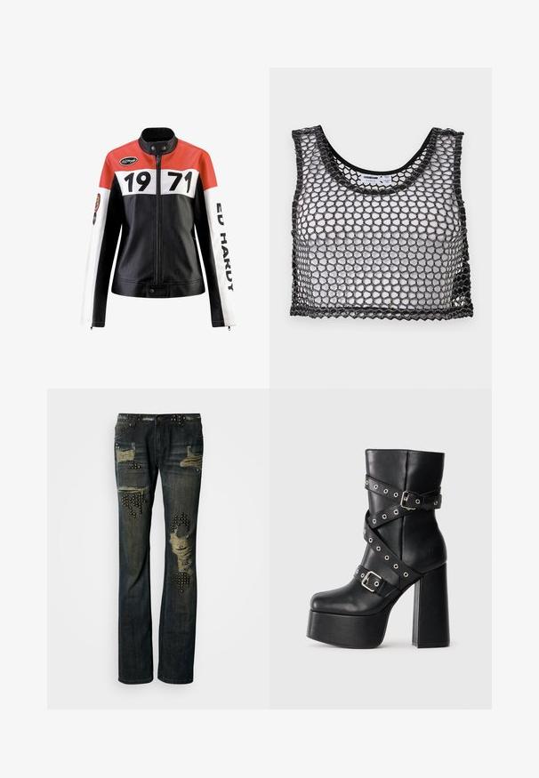 Læderjakke med en rød, hvid og sort farveskema; har fede sorte numre "1971" og teksten "ED HARDY" på ærmerne.; Sort ærmeløs crop top med bredt netstof og bølget kant, lagt fladt ud, der viser for- og indvendige etiketdetaljer.; Mørkeblå denimjeans med slidte pletter, metalliske nitter på lommerne og en løs pasform. Har frynsete kanter og lukning med knapper.; Sorte højhælede platformstøvler lavet af læder, med krydsremme med sølvhardware, nitter og et firkantet tådesign.