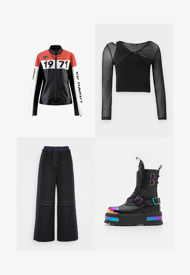 Læderjakke med en rød, hvid og sort farveskema; har fede sorte numre "1971" og teksten "ED HARDY" på ærmerne.; Sort crop top med lange ærmer, øverste del af bryst, skuldre og ærmer lavet af gennemsigtigt netstof, med en snoet detalje foran ved halsudskæringen.; 3.1 Phillip Lim COMBO UTILITY PANT - Bukser - black eclipse; Koi Footwear COSMIC FIRE METAL PLATFORM BOOTS - Snørestøvletter - black/multi-coloured