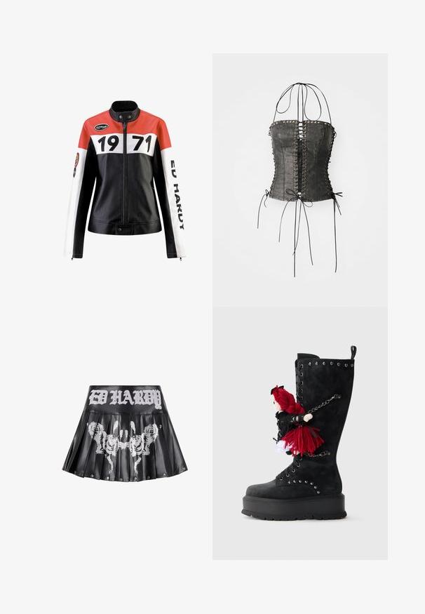 Læderjakke med en rød, hvid og sort farveskema; har fede sorte numre "1971" og teksten "ED HARDY" på ærmerne.; Jaded London LONGLINE LACE UP HALTER CORSET - Top - black; Sort plisseret nederdel med en blank finish, der har et hvidt "ED HARDY" logo og tigergrafik i midten. Metalnitter pryder kanten.; Sort knæhøj støvle med en kraftig sål, der har sølvnitter og en dukke med rødt garnhår vedhæftet med en kæde på siden.
