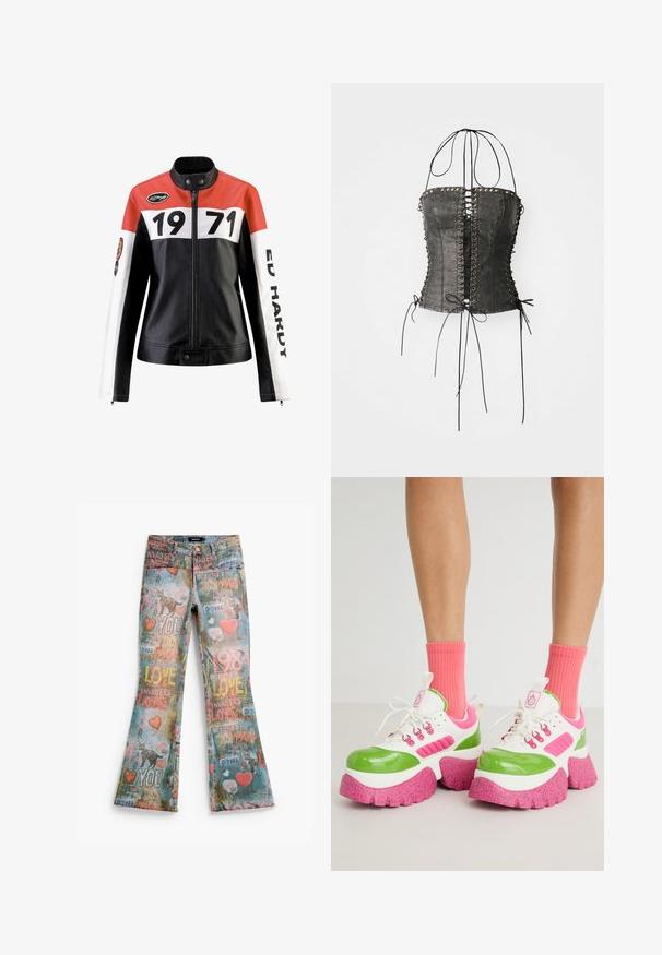Chaqueta de cuero con una combinación de colores rojo, blanco y negro; presenta números negros en negrita "1971" y el texto "ED HARDY" en las mangas.; Jaded London LONGLINE LACE UP HALTER CORSET - Top - black; Vaqueros acampanados azul claro con estampados multicolor estilo graffiti que incluyen gatos, corazones, "LOVE", "YOU", "1984" y "INVADERS".; Zapatillas gruesas con una parte superior brillante en verde y blanco, acentos en rosa, y una suela texturizada salpicada de rosa. Llevadas con calcetas rosas brillantes.