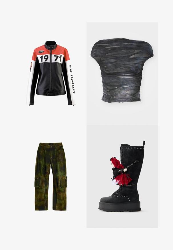Læderjakke med en rød, hvid og sort farveskema; har fede sorte numre "1971" og teksten "ED HARDY" på ærmerne.; Sort, gennemsigtig top med et tekstureret, lagdelt design med horisontale udsparinger. Materialet ser let ud med subtile farvevariationer.; Cargo bukser i grønt og brunt camouflage-mønster med knapklædte sidelommer og forreste bæltestropper.; Sort knæhøj støvle med en kraftig sål, der har sølvnitter og en dukke med rødt garnhår vedhæftet med en kæde på siden.