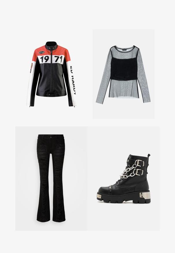 Lederjacke mit einem rot, weiß und schwarzen Farbschema; besitzt auffällige schwarze Zahlen "1971" und den Text "ED HARDY" auf den Ärmeln.; Schwarzes Mesh-Longsleeve-Oberteil mit einem taillierten, gerafften Oberteil und strukturiertem Overlay, rundem Ausschnitt und transparenten Ärmeln.; Schwarze Jeans im Schlagstil mit distressed Akzenten an der Vorderseite, strukturierten Patches und einem klassischen Fünf-Taschen-Design mit einem Knopfverschluss.; Koi Footwear SHACKLED SHADOWS HEAVY DUTY CHAIN - Cowboy-/Bikerstiefelette - black