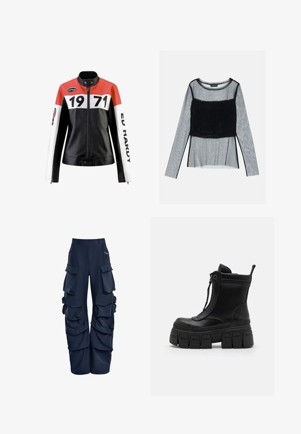 Læderjakke med en rød, hvid og sort farveskema; har fede sorte numre "1971" og teksten "ED HARDY" på ærmerne.; Sort mesh langærmet top med en tætsiddende rynket skærm og en tekstureret overlay, rund halsudskæring og gennemsigtige ærmer.; Marine cargo bukser med flere store sidelommer, en afslappet pasform og indsamlede stofdetaljer ved siderne. Lavet af et let materiale.; Buffalo GOSPHER ZIP BOOT - Plateaustøvletter - black