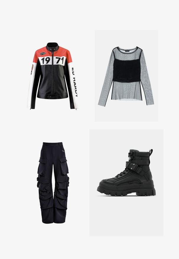 Læderjakke med en rød, hvid og sort farveskema; har fede sorte numre "1971" og teksten "ED HARDY" på ærmerne.; Sort mesh langærmet top med en tætsiddende rynket skærm og en tekstureret overlay, rund halsudskæring og gennemsigtige ærmer.; Sorte cargo bukser lavet af struktureret stof, med flere store lommer, en afslappet pasform og fornæbbede detaljer langs siderne.; Sorte ankelstøvler med en tekstureret overdel, kraftig sål, snørelukning og justerbar rem med logo-detalje. Gummisal med udtalt dækmønster.