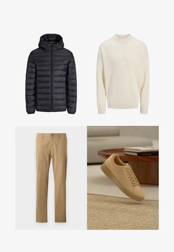 Chaqueta negra ligera acolchada con acolchado horizontal, cremallera frontal, capucha con cordones y bolsillos laterales con cremallera, exhibida sobre una superficie plana.; Suéter blanco de punto con un cuello redondo de canalé y puños de canalé. La tela tiene una textura suave y un corte relajado.; Chinos beige con corte recto, fabricados en tela de algodón ligera, que cuentan con dos bolsillos frontales y un cierre de botón individual.; Zapatilla beige con cordones flotando sobre una alfombra texturizada con una mesa de café de madera y libros apilados en un fondo desenfocado.