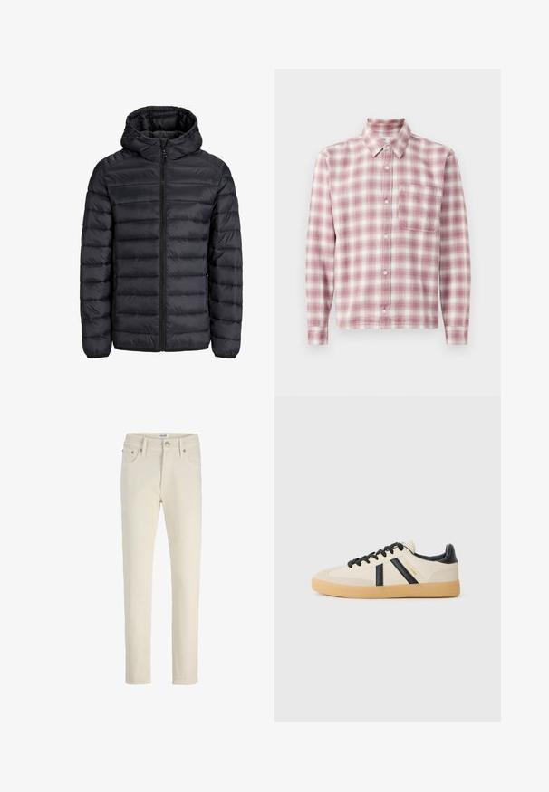 Chaqueta negra ligera acolchada con acolchado horizontal, cremallera frontal, capucha con cordones y bolsillos laterales con cremallera, exhibida sobre una superficie plana.; Camisa de cuadros de manga larga en rosa y blanco. Hecha de una tela suave con un cuello abotonado, un bolsillo en el pecho y cierres de botones.; Pantalones vaqueros beige con diseño de pierna recta, cinco bolsillos, botón de metal y textura sutil. Estilo simple y versátil.; Zapatillas casuales en crema con rayas negras, con parte superior texturizada y suela de goma. Los cordones son negros. Logo sutil en el costado.