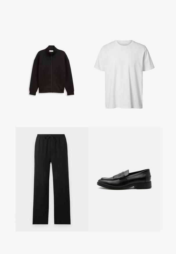 Veste noire zippée avec col montant, manches longues, et poignets et ourlet côtelés, présentée sur un fond uni.; T-shirt blanc uni à manches courtes, col rond, coupe décontractée, sans logos ni motifs visibles à l'avant.; Pantalon noir ample avec taille élastique et cordon de serrage à l'avant, jambes droites, design sobre, présenté sur un fond neutre.; Mocassin homme en cuir noir avec détail pompon, bout arrondi, talon bas et finition polie lisse, montré de profil sur fond blanc.