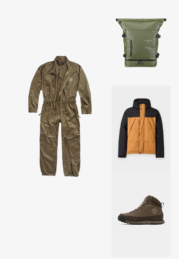 Sort og brunt polstret vinterjakke med hætte, frontlynlås dækket af en knaplukning, og vinklede sidelommer.; Oliven grøn utility jumpsuit lavet af slidstærkt stof, med lynlåslukning foran, elastisk talje og flere lommer på overkroppen og benene.; Brun mellemhøj vandrestøvle lavet af læder og tekstil med metaløjer, snørebånd, en polstret krave og en robust sort gummisål.; Grøn rulle-top rygsæk med en tekstureret overflade, justerbare stropper, lynlås-lomme foran og logo-detaljer i hvid og sort.