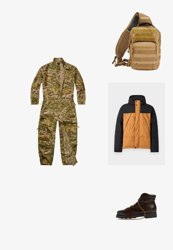 Chaqueta de invierno acolchada negra y marrón con capucha, cremallera frontal cubierta por una solapa con botones y bolsillos laterales en ángulo.; Mono de camuflaje estilo militar de cuerpo completo con mangas largas, cremallera frontal, múltiples bolsillos y puños elásticos en las piernas y las muñecas.; Botas de senderismo de cuero marrón con punta redondeada, superficie texturizada, cordones amarillos y ojales de metal. Cuentan con una suela de goma negra resistente.; Mochila táctica color beige con múltiples bolsillos, correas de webbing, respaldo de malla acolchada, cremalleras y costuras reforzadas para mayor durabilidad.