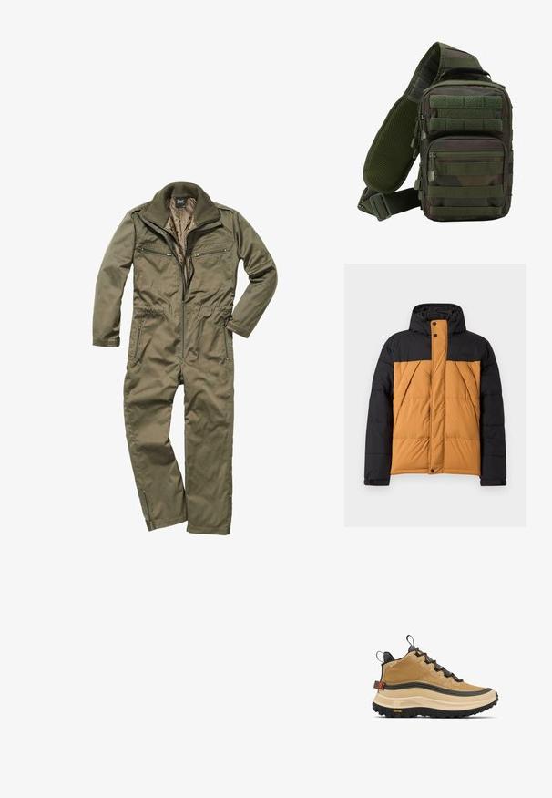 Sort og brunt polstret vinterjakke med hætte, frontlynlås dækket af en knaplukning, og vinklede sidelommer.; Oliven grønt jumpsuit lavet af holdbart stof, med lynlås foran, ribbet krave og flere lynlåslommer på brystet og siderne.; Tanfarvet højt snøresko med tekstureret finish, markant sort ydersål og orange accenter. Har snøresystem og polstret krave for støtte.; Grøn camouflage sling rygsæk med flere lynlåslommer, en justerbar rem og et netpanel på ryggen for ventilation.