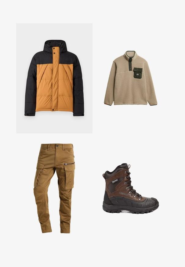 Chaqueta de invierno acolchada negra y marrón con capucha, cremallera frontal cubierta por una solapa con botones y bolsillos laterales en ángulo.; Sudadera de forro polar beige con un cuello alto, tapeta de presión verde y un bolsillo en el pecho. El material tiene un acabado suave y texturizado. Logo de montaña en el bolsillo.; Pantalones cargo marrones hechos de una tela duradera, con múltiples bolsillos, un bolsillo lateral con cremallera y un ajuste entallado con costuras reforzadas.; Bota de senderismo aislada marrón y negra con suela gruesa, ojales de metal y etiqueta Thinsulate en el lateral.