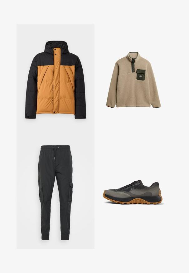Sort og brunt polstret vinterjakke med hætte, frontlynlås dækket af en knaplukning, og vinklede sidelommer.; Beige fleece-pullover med høj krave, grøn trykknap-lukning og brystlomme. Materialet har en blød, struktureret overflade. Bjerglogo på lommen.; Sorte cargo bukser lavet af letvægtsstof, med en justerbar snøre i taljen, elastiske manchetter og to sidelommer.; Sort og grå lavtop sportssko med struktureret brun gummiydersål og sorte snørebånd, set fra siden mod en hvid baggrund.