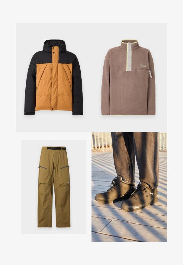 Zwarte en bruine gewatteerde winterjas met capuchon, voorrits bedekt door een met knopen sluitende flap en schuin geplaatste zijzakken.; Bruine fleece trui met drukknopenlijst, borstzak met rits en lichtgele biezen op de kraag en zoom.; Kaki outdoorbroek met zwarte verstelbare riem, twee zakken op de dij met rits en kniezomen, getoond tegen een effen achtergrond.; Zwarte Timberland wandelschoenen hebben een hoge gloss ontwerpen, een gestructureerd oppervlak en ronde veters, tegen een achtergrond van een houten vloer.