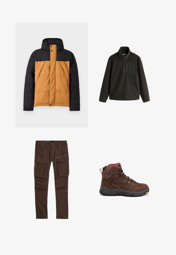 Zwarte en bruine gewatteerde winterjas met capuchon, voorrits bedekt door een met knopen sluitende flap en schuin geplaatste zijzakken.; Fleece pullover in donker olijfgroen met een hoge kraag, ritssluiting aan de voorkant en een borstzak met rits. Zachte textuur, relaxte pasvorm.; Bruine cargobroek met meerdere zakken, waaronder een ritssluitingzak op de rechterdij, en versterkte stiksels op knieën en naden.; Bruine mid-cut wandelschoen met rode accenten, metalen oogjes, een gevoerde kraag, zwarte robuuste zool en Vibram-logo aan de voorrand.