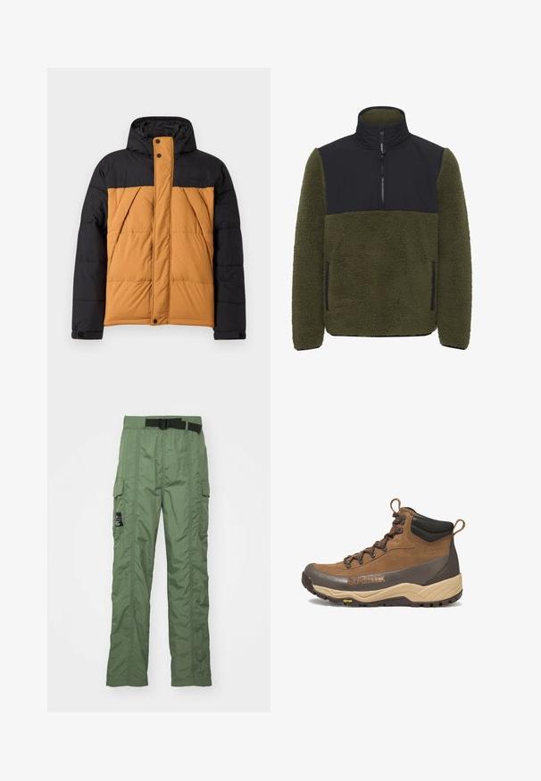 Sort og brunt polstret vinterjakke med hætte, frontlynlås dækket af en knaplukning, og vinklede sidelommer.; Fleece pullover i olivengrøn med en sort nylon brystpanel. Har en høj krave, en halv lynlås lukning og sidelommer.; Cargo bukser i olivengrøn, lavet af let materiale. Har et sort bælte, cargo-lommer på siderne og syningsdetaljer.; Brun og beige vandrestøvle i mellem højde med sort polstret krave, Gore-Tex-logo, metaløjer og Vibram-ydersål.