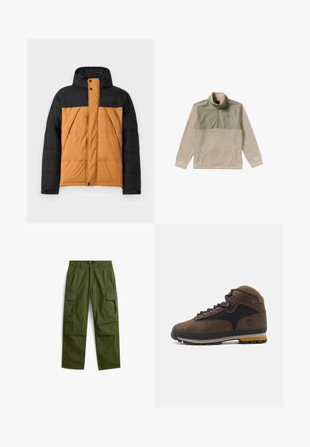 Chaqueta de invierno acolchada negra y marrón con capucha, cremallera frontal cubierta por una solapa con botones y bolsillos laterales en ángulo.; Sudadera de forro polar en beige y verde oliva, con un diseño de media cremallera, cuello alto y dos bolsillos laterales. Textura suave en el panel superior.; Pantalones cargo verde oliva con dos bolsillos delanteros, dos bolsillos con solapa en el muslo, trabillas para cinturón y cierre con botón y cremallera.; Bota de senderismo marrón con un diseño de gamuza y malla, que presenta ojales de metal, cordones morados y una suela de goma con acentos amarillos.