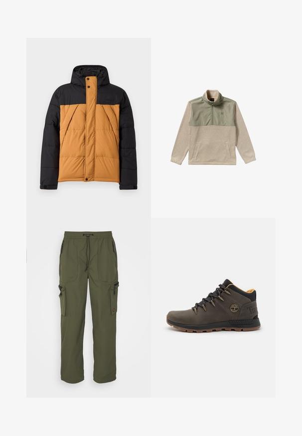 Zwarte en bruine gewatteerde winterjas met capuchon, voorrits bedekt door een met knopen sluitende flap en schuin geplaatste zijzakken.; Fleece pullover in beige en olijfgroen, met een half-zip ontwerp, hoge kraag en twee zijzakken. Glad oppervlak op het bovenste paneel.; Olijfgroene cargobroek van lichtgewicht stof, met een elastische tailleband, striksluiting en meerdere met rits gesloten zakken.; Bordeaux leren wandelschoen met zwarte accenten. Voorzien van ronde veters, gevoerde boord en een gestructureerde rubberen zool. Timberland-logo op de hiel.