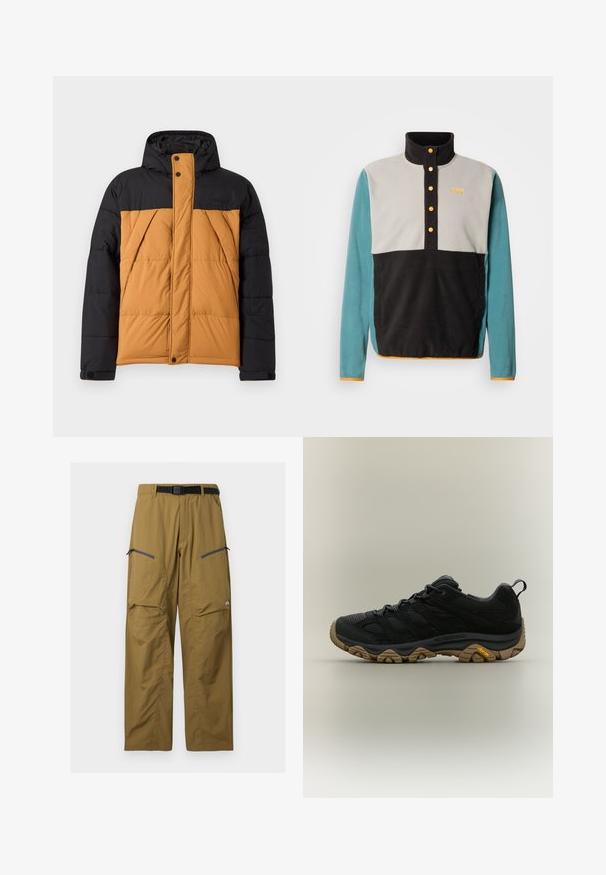 Zwarte en bruine gewatteerde winterjas met capuchon, voorrits bedekt door een met knopen sluitende flap en schuin geplaatste zijzakken.; Fleece trui met een hoge kraag. Heeft zwarte, grijze en groene panelen, oranje knoopdetails en een logo op de borst.; Kaki outdoorbroek met zwarte verstelbare riem, twee zakken op de dij met rits en kniezomen, getoond tegen een effen achtergrond.; Zwarte wandelschoen met bruine, getextureerde Vibram-zool en een trek lus op de hiel, zijaanzicht op een neutrale achtergrond.