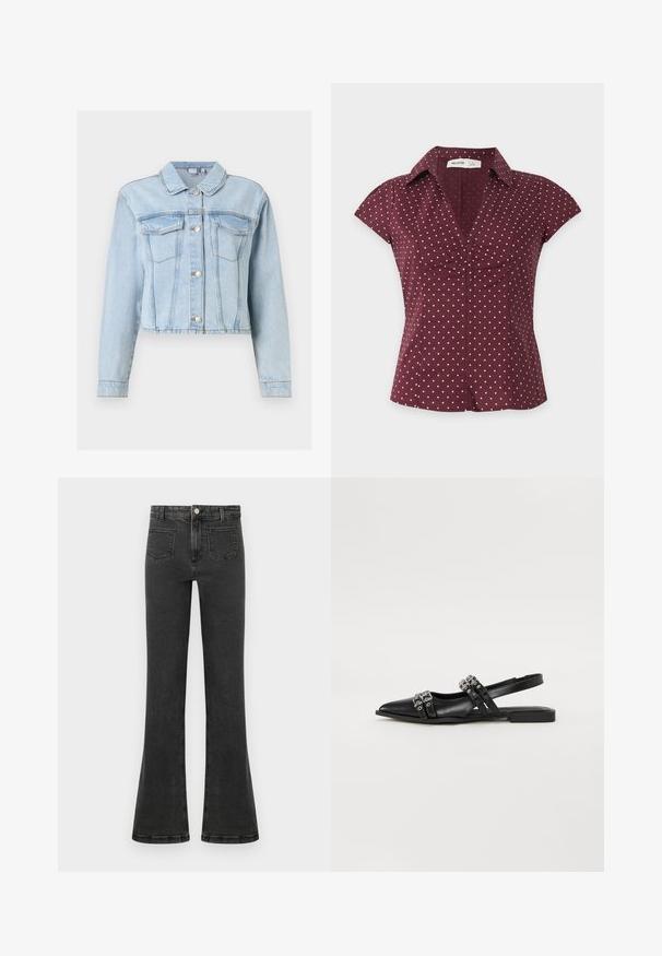 Veste en denim bleu clair à manches longues, fermeture à boutons sur le devant, poches à rabat sur la poitrine et col classique.; Blouse bordeaux à manches courtes avec des pois roses, un col en V et un détail froncé au centre devant.; Jean en denim noir taille haute avec une légère évasement, bouton et fermeture éclair à l'avant, et poches plaquées à l'avant.; Even&Odd by Zalando Ballerines à brides arrière - black
