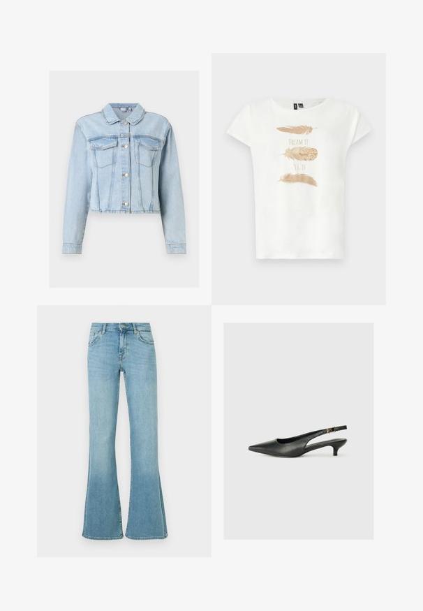 Veste en denim bleu clair à manches longues, fermeture à boutons sur le devant, poches à rabat sur la poitrine et col classique.; T-shirt blanc à manches courtes avec trois plumes dorées et le texte "RÊVE-LE" et "DÉSIRE-LE" imprimés sur le devant.; Jean en denim bleu clair à taille haute, fermeture avant par bouton et zip, poches avant et arrière, et jambes évasées.; Chaussure slingback noire à bout pointu en cuir lisse. Présente un talon fin et un détail de boucle sur la sangle réglable.