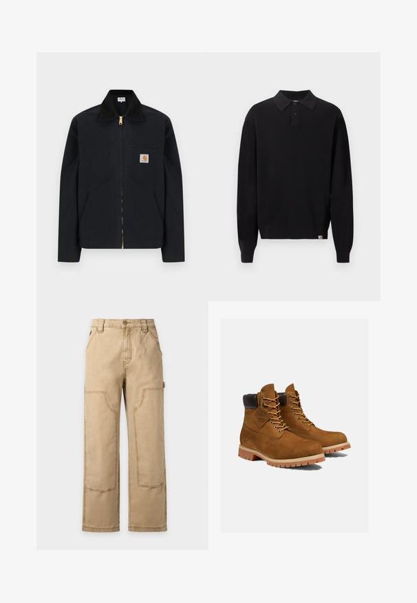 Schwarze Jacke mit Reißverschluss, schwarzem Kragen, vorderen Seitentaschen, Reißverschlusstasche auf der Brust und Carhartt-Logoaufnäher auf der linken Brustseite.; Schwarzer, langärmliger Strick-Polopullover mit geknöpftem Kragen sowie gerippten Bündchen und Saum, präsentiert vor schlichtem, hellem Hintergrund.; Hellbraune gerade Arbeitshose mit verstärkten Knieschonern, Gürtelschlaufen, Seitentaschen und Knopfverschluss in der Taille.; Braune Wildleder-Stiefeletten mit einem gepolsterten schwarzen Kragen, goldenen Ösen und einer dicken Gummisohle mit einem Rillenmuster für besseren Grip.