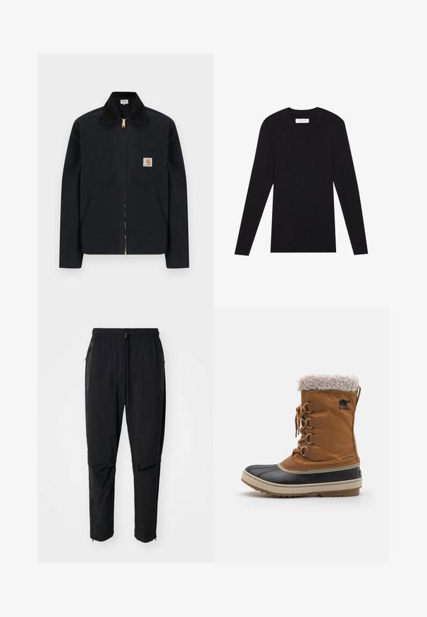Schwarze Jacke mit Reißverschluss, schwarzem Kragen, vorderen Seitentaschen, Reißverschlusstasche auf der Brust und Carhartt-Logoaufnäher auf der linken Brustseite.; Pier One MUSCLE FIT KNITJUMPER - Strickpullover - black; Schwarze, leichte outdoor Hosen mit elastischem Bund und verstellbarem Zugschnur. Ausgestattet mit Reißverschlusstaschen und tapered Bündchen.; Brauner wasserdichter Stiefel mit einem Kragen aus Kunstfell, unterer Gummibereich und Schnürdesign. Verfügt über ein Sorel-Logo und eine strukturierte Oberfläche.
