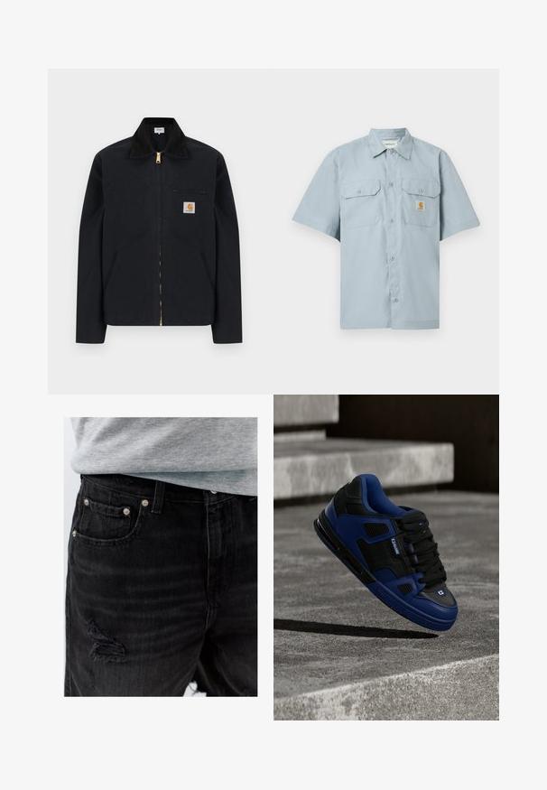 Zwarte jas met ritssluiting, zwarte kraag, steekzakken aan de voorkant, borstzak met rits en Carhartt-logo op de linkerborst.; Lichtblauw overhemd met korte mouwen, knoopsluiting, twee klepzakken aan de voorkant en een klein Carhartt-logopatch op de linkerzak.; Close-up van zwarte versleten spijkerbroek met zichtbare zaknieten en een ingestopt grijs overhemd.; Zwart-blauwe sportschoen met veters, zwevend boven een betonnen oppervlak met stenen traptreden op de achtergrond.