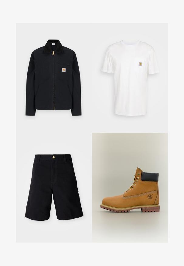 Schwarze Jacke mit Reißverschluss, schwarzem Kragen, vorderen Seitentaschen, Reißverschlusstasche auf der Brust und Carhartt-Logoaufnäher auf der linken Brustseite.; Weißes Baumwoll-T-Shirt mit kurzen Ärmeln, einer Brusttasche und einem kleinen quadratischen Logopatch in Orange und Weiß auf der Tasche.; Schwarze Denim-Shorts mit Knopfverschluss, geradem Schnitt, seitlichen Taschen und verstärkten Nähten für zusätzliche Haltbarkeit.; Brauner Leder-Stiefelette mit schwarzem Kragen, gelben Schnürsenkeln und hellbrauner Sohle. Verfügt über ein Logo und weiße Ziernähe. Robuste Profilsohle.
