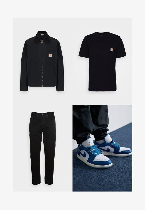 Schwarze Jacke mit Reißverschluss, schwarzem Kragen, vorderen Seitentaschen, Reißverschlusstasche auf der Brust und Carhartt-Logoaufnäher auf der linken Brustseite.; Schwarzes Baumwoll-T-Shirt mit kurzen Ärmeln, rundem Hals und einer Brusttasche, die mit einem kleinen, quadratischen Logo-Patch versehen ist. Einfaches, einfarbiges Design.; Schwarze Slim-Fit-Jeans mit vorderem Knopfverschluss und fünf Taschen-Design, vor einem schlichten hellgrauen Hintergrund präsentiert.; Die Nike Air Jordan Sneakers verfügen über eine weiße Lederbasis mit blauen synthetischen Akzenten, einer perforierten Zehenbox und blauen Schnürsenkeln.