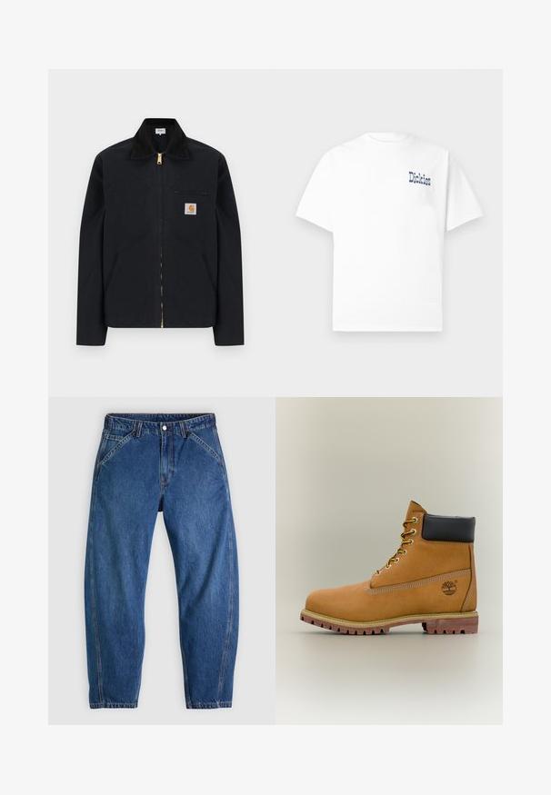 Schwarze Jacke mit Reißverschluss, schwarzem Kragen, vorderen Seitentaschen, Reißverschlusstasche auf der Brust und Carhartt-Logoaufnäher auf der linken Brustseite.; Weißes T-Shirt mit kurzen Ärmeln und Rundhalsausschnitt, mit blauem "Dickies"-Schriftzug auf der linken Brust. Aus weicher Baumwolle, schlichtes Design.; Blaue Denim-Jeans mit lockerer Passform, ausgestattet mit Knopfverschluss, fünf Taschen und kontrastierenden orangefarbenen Nähten. Durchgehend glatte Textur.; Brauner Leder-Stiefelette mit schwarzem Kragen, gelben Schnürsenkeln und hellbrauner Sohle. Verfügt über ein Logo und weiße Ziernähe. Robuste Profilsohle.