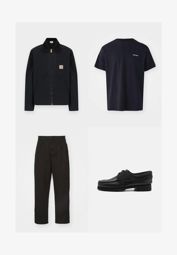 Schwarze Jacke mit Reißverschluss, schwarzem Kragen, vorderen Seitentaschen, Reißverschlusstasche auf der Brust und Carhartt-Logoaufnäher auf der linken Brustseite.; Schwarzes Baumwoll-T-Shirt mit kurzen Ärmeln, Rundhalsausschnitt und einem dezenten weißen Logo im linken Brustbereich. Glatte Textur, normale Passform.; Schwarze Hose aus glattem Stoff, mit Knopfverschluss, geradem Schnitt und zwei vorderen Falten für zusätzlichen Detail.; Schwarzer Schuh mit einem Obermaterial aus Leder, textilen Akzenten, runden Schnürsenkeln und einer strukturierten Gummisohle. Verfügt über Mokassin-Nähte und eine Markeninschrift.