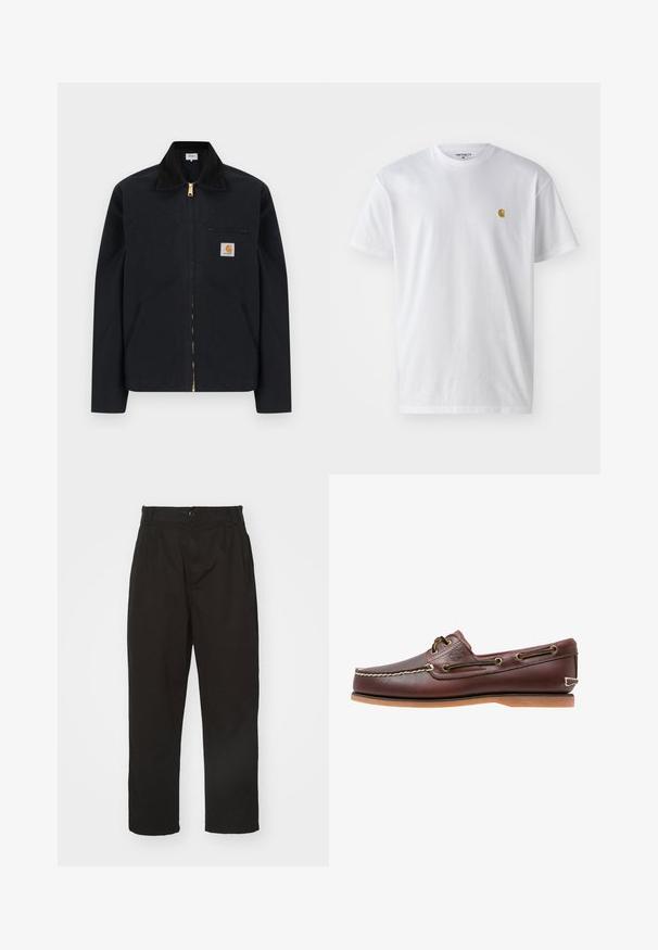 Zwarte jas met ritssluiting, zwarte kraag, steekzakken aan de voorkant, borstzak met rits en Carhartt-logo op de linkerborst.; Witte katoenen t-shirt met korte mouwen en ronde hals, voorzien van een klein gouden logo op de linkerkant van de borst. Zachte textuur en een normale pasvorm.; Zwarte broek van gladde stof, met knoopsluiting, rechte snit en twee voorplooien voor extra detail.; Bruine leren bootschoen met witte stiksels, veterdetails en beige rubberen zool, zijaanzicht op een witte achtergrond.