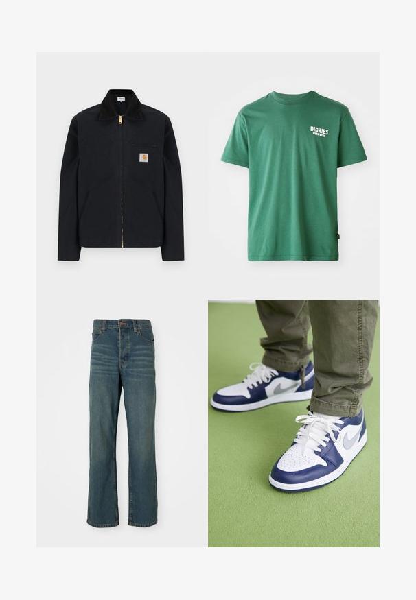 Zwarte jas met ritssluiting, zwarte kraag, steekzakken aan de voorkant, borstzak met rits en Carhartt-logo op de linkerborst.; Groene katoenen t-shirt met een ronde halslijn, korte mouwen en een wit logo op de linkerborst. Gladde textuur en een ontspannen pasvorm.; Blauwe denim jeans met een rechte pijp, voorzien van vijf zakken, een knoopsluiting en lichte vervaging aan de voorkant.; Blauwe en witte leren sneakers met geperforeerde neus, witte veters en zilveren accenten, gedragen met olijfgroene broek op een groene ondergrond.