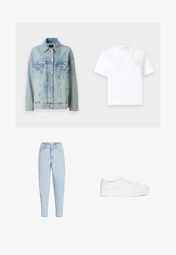 7 for all mankind OLI TRUCKER - Teksajakk - light blue; Lihtne valge puuvillane lühikeste varrukatega t-särk ümara kaelusega ja sirge äärega, valgel taustal.; Helerohelised kõrge vöökohaga teksapüksid esiküljel nööpide ja luku, viie tasku stiiliga ja kitsenevate säärtega.; Valge nahkne sneaker sileda pinnaga, ümmarguse varbaga ja tasase tallaga. Omab nöörimisega sulgemist ja peeneid tikandeid.