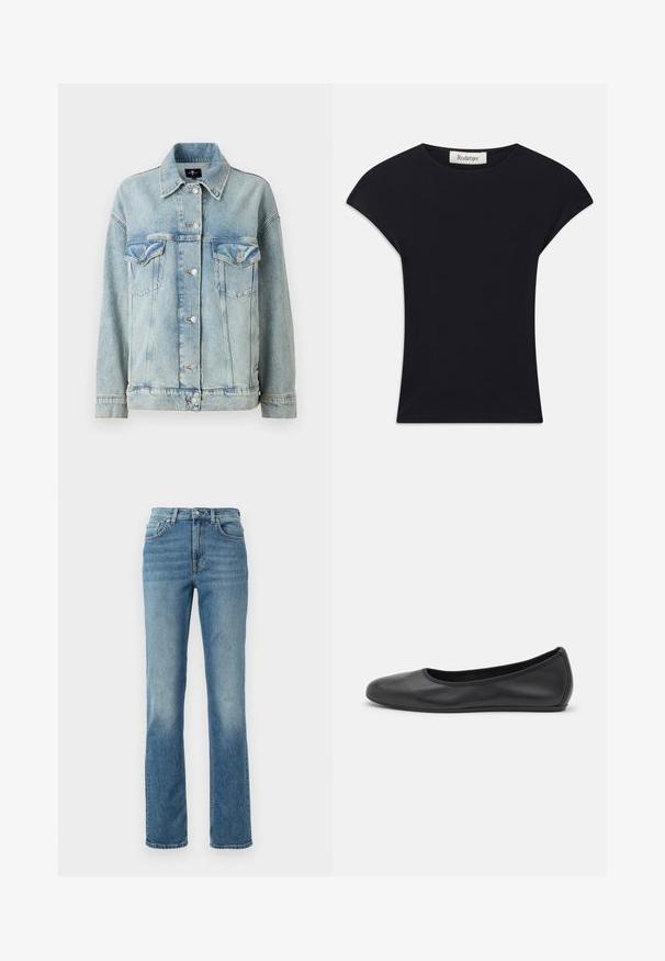 7 for all mankind OLI TRUCKER - Teksajakk - light blue; Must have lühikeste varrukate ja pehme riidega must topp, millel on ümar kaelus ja sobiv kuju koos peente õlavarre aktsentidega. Silt on nähtav.; Heledad sinine teksapüksid sirge säärega disainiga, viie taskuga ja kergelt pleekinud. Kliendi omadused on metallist nööp ja tõmblukk.; Musthave mustika tantsutossud mustast nahast, ümmarguse varbaga, siledast tekstuurist, minimaalse õmblusdetailiga ja paindliku tallakujundusega.
