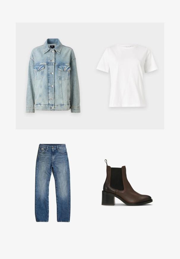 7 for all mankind OLI TRUCKER - Farkkutakki - light blue; Valkoinen puuvillapaita lyhyillä hihoilla, pyöreällä kaula-aukolla ja rentolla istuvuudella. Sujuva rakenne, ei kuvioita tai yksityiskohtia, minimalistinen muotoilu.; Siniset farkut suoralinjaisella leikkauksella, kevyellä haalistumisella ja hienovaraisella kulutuksella. Varustettu viidellä taskulla ja nappisulkimella.; Ruskeat nahkaiset nilkkurit, joissa on joustavat sivupaneelit, paksu korko, sileä pinta ja vetokahva helppoa pukemista varten.