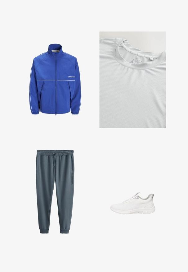 Chaqueta rompevientos azul con cuello alto, cremallera frontal, puños elásticos y detalles en blanco en las mangas y el pecho. Tejido ligero y texturizado.; Camiseta de deporte de color gris claro hecha de tejido texturizado, con un cuello redondo y sutiles acentos triangulares en el collar.; Pantalones jogger gris oscuro con cintura elástica y cordón, bolsillos laterales, puños acanalados y texto "TRAINING DIVSN." en el muslo izquierdo.; Zapatilla deportiva blanca con parte superior de malla, cierre con cordones, cuello acolchado y suela de goma flexible, mostrada de perfil sobre fondo blanco.