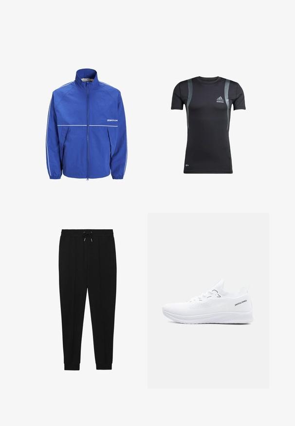 Chaqueta rompevientos azul con cuello alto, cremallera frontal, puños elásticos y detalles en blanco en las mangas y el pecho. Tejido ligero y texturizado.; Camiseta deportiva negra de manga corta con detalles en gris, hecha de una tela elástica. Presenta un logo de Adidas en el lado izquierdo del pecho y la marca Techfit.; Pantalones deportivos negros con cintura ajustable, piernas ajustadas y puños acanalados. Hechos de una tela suave con una textura lisa.; Zapatilla blanca de punto baja con suela texturizada, cierre de cordones y logo "JACK & JONES" en el lateral del cuello del talón.