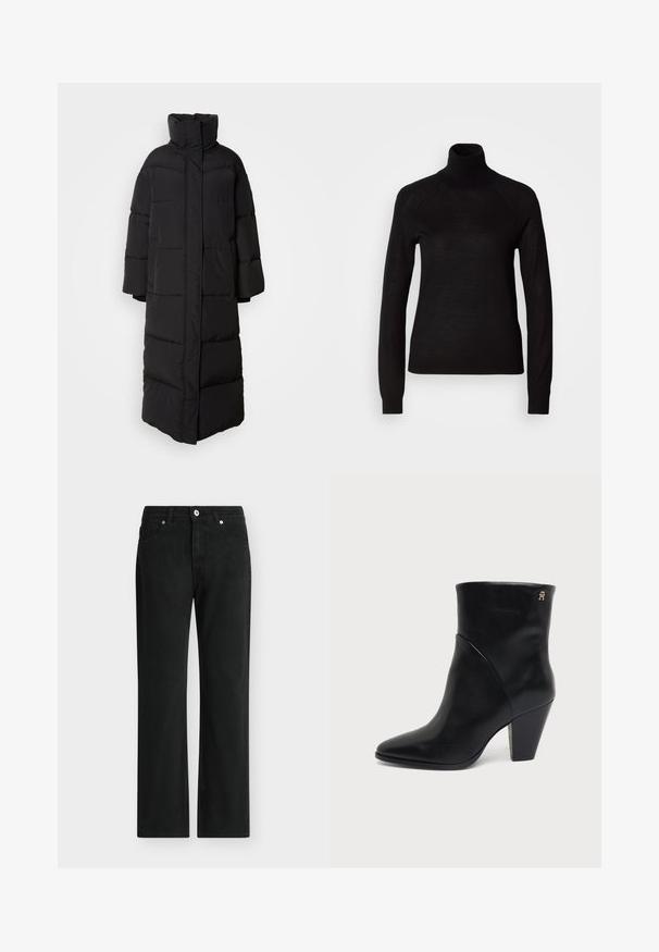 Lang, sort pufferjakke med høj krave, brede ærmer og lodrette quiltede sektioner, med et rent, lukket frontdesign.; Sort turtleneck sweater lavet af et let strikket stof. Har lange ærmer og en tætsiddende silhuet med raglan-sømme.; Sorte jeans med lige ben, foran med knap og lynlås, design med fem lommer og bæltestropper.; Sort læderankelstøvle med spids tå, blokhæl og lille gyldent logo nær den øverste kant på ydersiden.