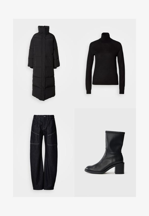 Lang, sort pufferjakke med høj krave, brede ærmer og lodrette quiltede sektioner, med et rent, lukket frontdesign.; Sort turtleneck sweater lavet af et let strikket stof. Har lange ærmer og en tætsiddende silhuet med raglan-sømme.; Mørk denim bukser med vide ben, flere frontlommer, kontrastsyninger og knaplukning i taljen. Glat tekstur og afslappet design.; Sort læder ankelstøvle med rund tå, glat tekstur og en grov hæl, der har et tætsiddende skaft og subtil syning.