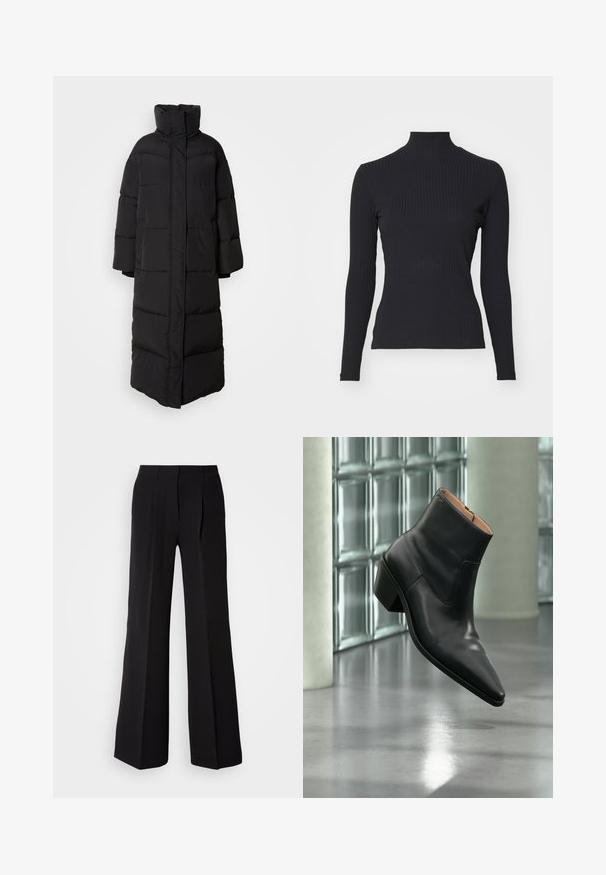 Lang, sort pufferjakke med høj krave, brede ærmer og lodrette quiltede sektioner, med et rent, lukket frontdesign.; Sort ribbet turtle-sweater med lange ærmer. Lavet af strækbart stof med en tætsiddende pasform og høj krave. Enkel design uden udsmykninger.; Sorte bukser lavet af glat stof, med høj talje, bred ben silhuet og to frontfolder for ekstra design detaljer.; Sort læderankelstøvle med spids tå og blokhæl, der svæver over en reflekterende grå gulv nær en væg af glasblokke.
